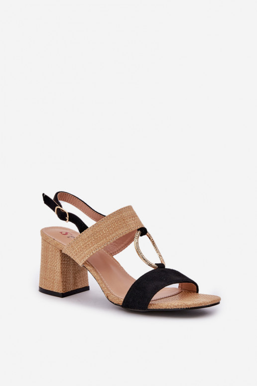 Block Heel Sandals Black-Beige Afleeria