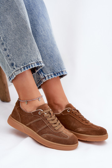 Zamszowe Niskie Sneakersy Damskie Brązowe Paliana