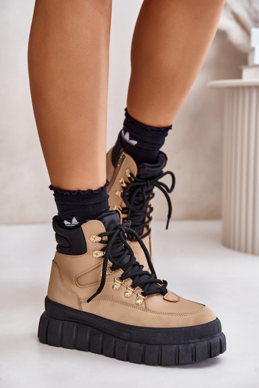 Damskie Ocieplane Botki Trapery Na Platformie Brązowe Jelenia Damskie Ocieplane Botki Trapery Na Platformie Brązowe Jelenia