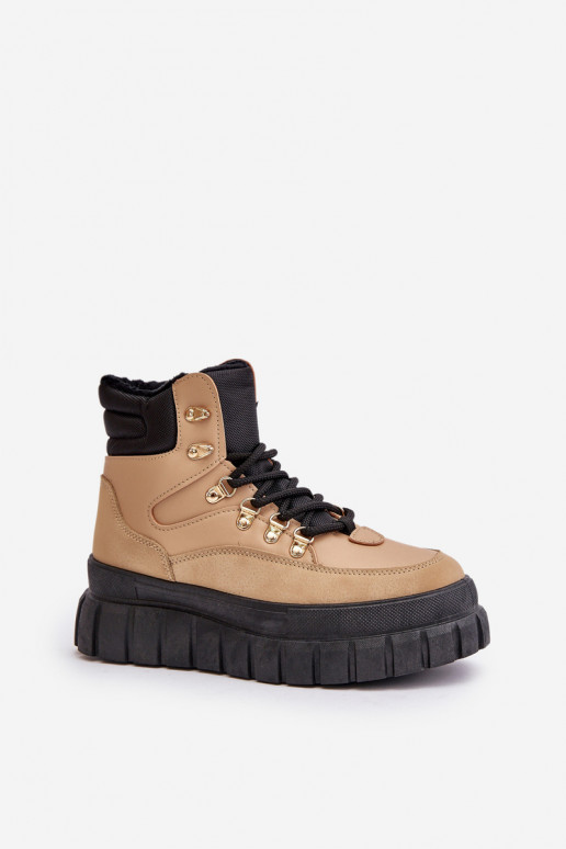 Damskie Ocieplane Botki Trapery Na Platformie Brązowe Jelenia Damskie Ocieplane Botki Trapery Na Platformie Brązowe Jelenia