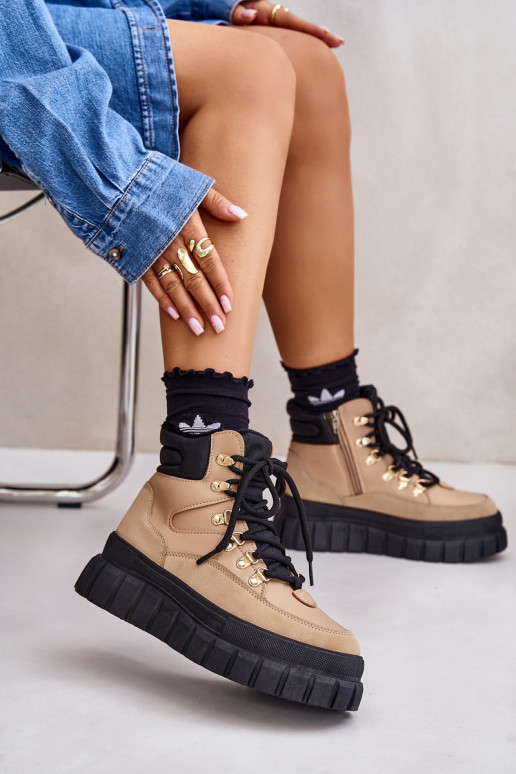 Damskie Ocieplane Botki Trapery Na Platformie Brązowe Jelenia Damskie Ocieplane Botki Trapery Na Platformie Brązowe Jelenia