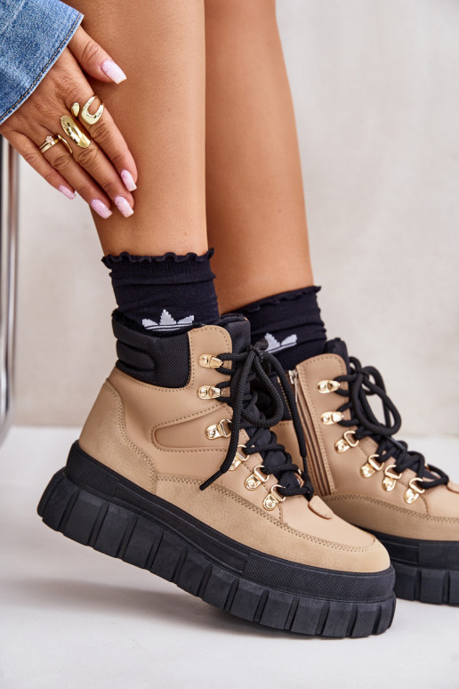 Damskie Ocieplane Botki Trapery Na Platformie Brązowe Jelenia Damskie Ocieplane Botki Trapery Na Platformie Brązowe Jelenia