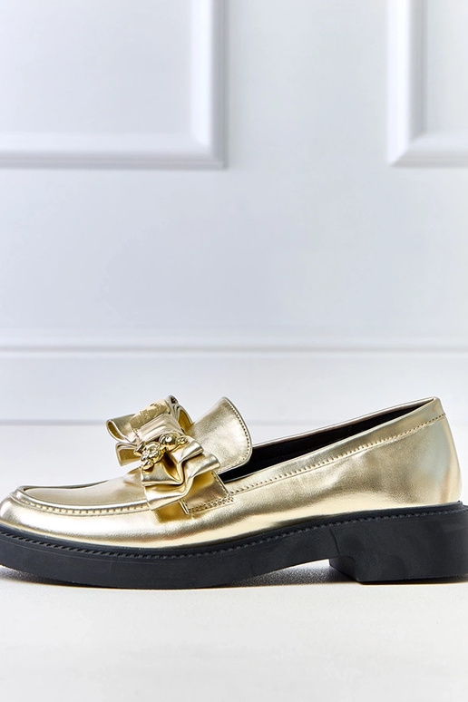 Złote mokasyny z kokardką i misiem...