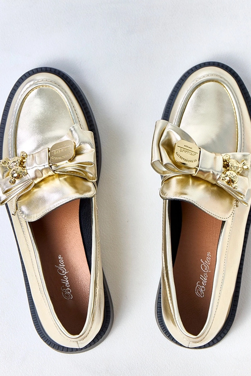 Złote mokasyny z kokardką i misiem...