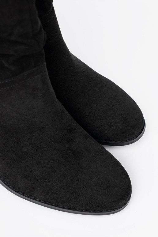 black of suede ankle boots Inith a ruffled upper black of suede ankle boots Inith a ruffled upper