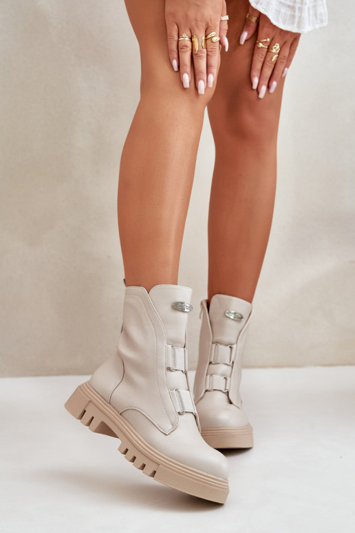 Fleece Lined Women's Worker Boots with Zip Eco Leather Light Beige Mailyra Fleece Lined Women's Worker Boots with Zip Eco Leather Light Beige Mailyra