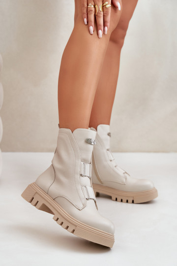 Fleece Lined Women's Worker Boots with Zip Eco Leather Light Beige Mailyra 2
