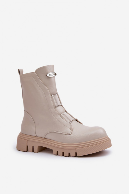 Fleece Lined Women's Worker Boots with Zip Eco Leather Light Beige Mailyra Fleece Lined Women's Worker Boots with Zip Eco Leather Light Beige Mailyra