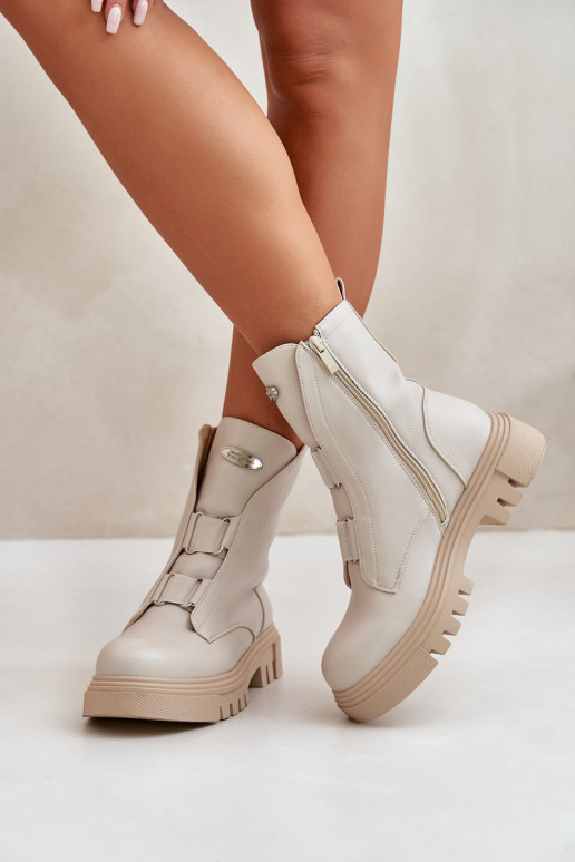 Fleece Lined Women's Worker Boots with Zip Eco Leather Light Beige Mailyra Fleece Lined Women's Worker Boots with Zip Eco Leather Light Beige Mailyra
