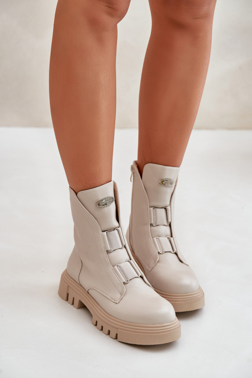 Fleece Lined Women's Worker Boots with Zip Eco Leather Light Beige Mailyra Fleece Lined Women's Worker Boots with Zip Eco Leather Light Beige Mailyra