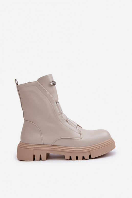 Fleece Lined Women's Worker Boots with Zip Eco Leather Light Beige Mailyra Fleece Lined Women's Worker Boots with Zip Eco Leather Light Beige Mailyra