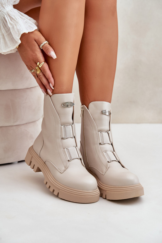 Fleece Lined Women's Worker Boots with Zip Eco Leather Light Beige Mailyra Fleece Lined Women's Worker Boots with Zip Eco Leather Light Beige Mailyra