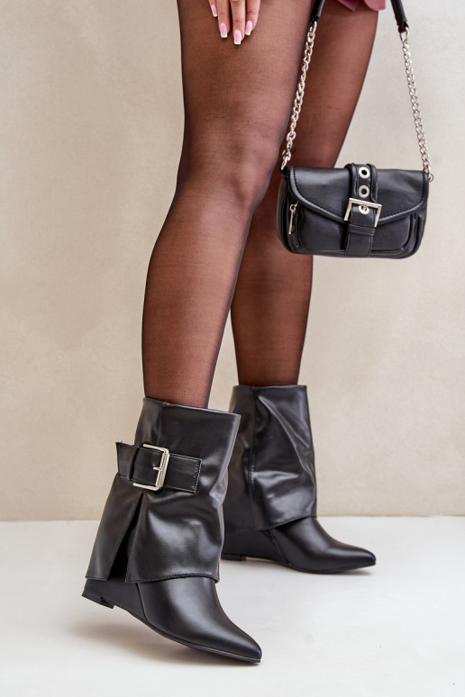 Wedge Ankle Boots With Folded Shaft And Buckle Black Vortinia Wedge Ankle Boots With Folded Shaft And Buckle Black Vortinia