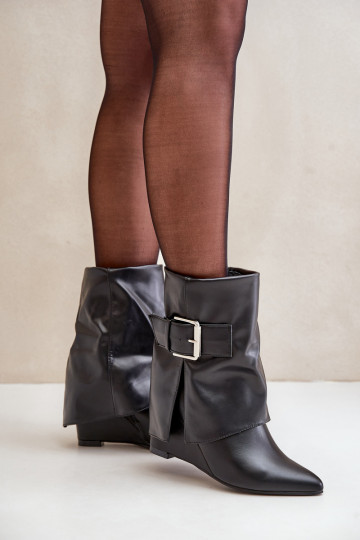 Wedge Ankle Boots With Folded Shaft And Buckle Black Vortinia 2