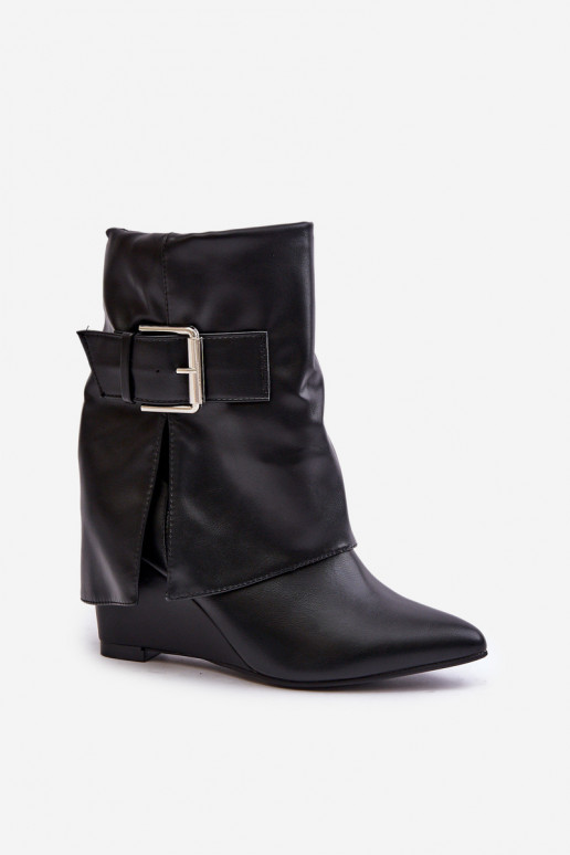 Wedge Ankle Boots With Folded Shaft And Buckle Black Vortinia Wedge Ankle Boots With Folded Shaft And Buckle Black Vortinia