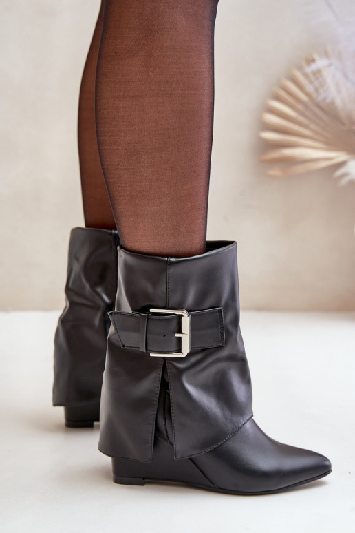Wedge Ankle Boots With Folded Shaft And Buckle Black Vortinia Wedge Ankle Boots With Folded Shaft And Buckle Black Vortinia