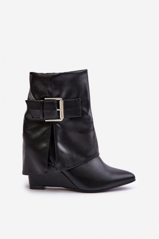 Wedge Ankle Boots With Folded Shaft And Buckle Black Vortinia Wedge Ankle Boots With Folded Shaft And Buckle Black Vortinia