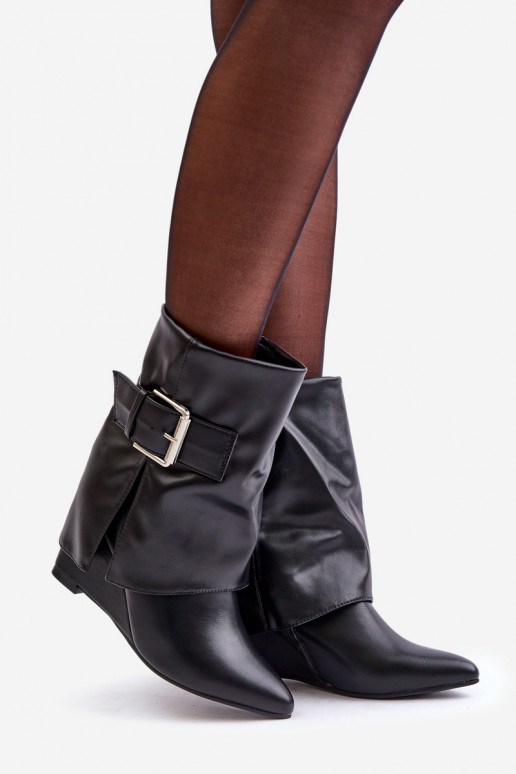 Wedge Ankle Boots With Folded Shaft And Buckle Black Vortinia Wedge Ankle Boots With Folded Shaft And Buckle Black Vortinia