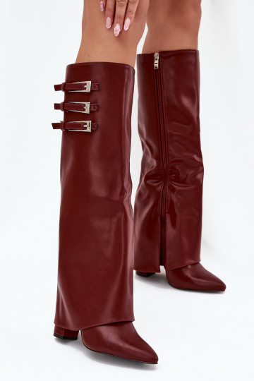 Women's Heeled Boots Turned Shaft Straps With Buckles Burgundy Nirisa