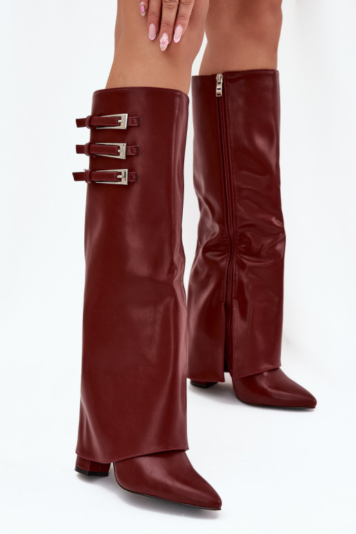 Women's Heeled Boots Turned Shaft Straps With Buckles Burgundy Nirisa Women's Heeled Boots Turned Shaft Straps With Buckles Burgundy Nirisa