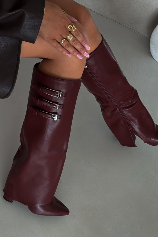Women's Heeled Boots Turned Shaft Straps With Buckles Burgundy Nirisa Women's Heeled Boots Turned Shaft Straps With Buckles Burgundy Nirisa
