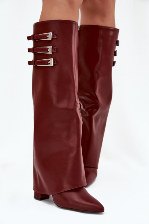 Women's Heeled Boots Turned Shaft Straps With Buckles Burgundy Nirisa Women's Heeled Boots Turned Shaft Straps With Buckles Burgundy Nirisa
