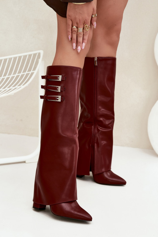 Women's Heeled Boots Turned Shaft Straps With Buckles Burgundy Nirisa Women's Heeled Boots Turned Shaft Straps With Buckles Burgundy Nirisa