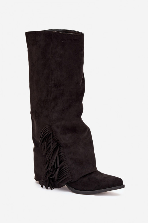 Wsuwane Kozaki Kowbojki Damskie Na SłupkuwithFrędzlami Czarne Zalia