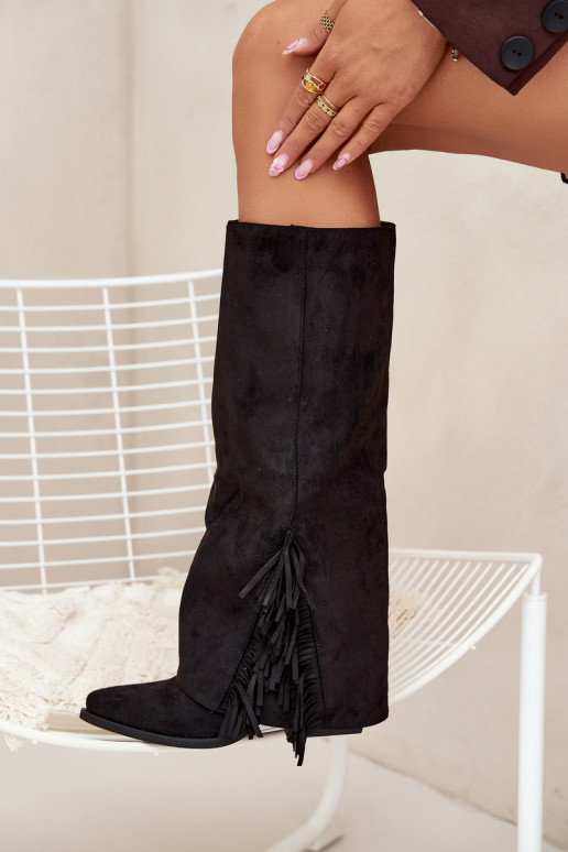 Slip-On Cowboy Boots Women's Heeled With Fringes Black Zalia