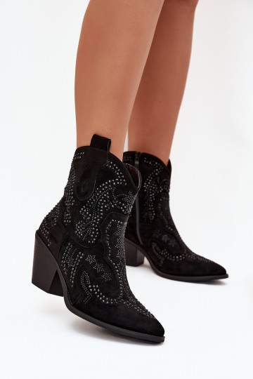 Insulated Women's Cowboy Ankle Boots With Decoration Black Lelira