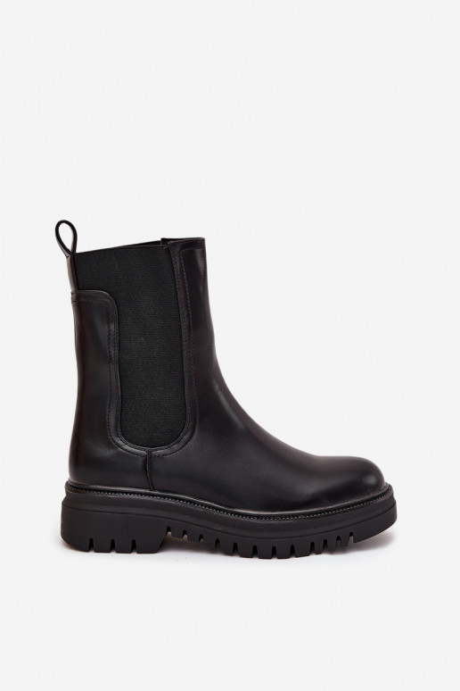 Botki Sztyblety Damskie Na Platformie I Płaskim Obcasie Wsuwane Czarne Ravessa