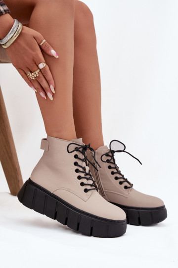 Leather Insulated Women's Ankle Boots on Platform Vinceza 66803 Beige