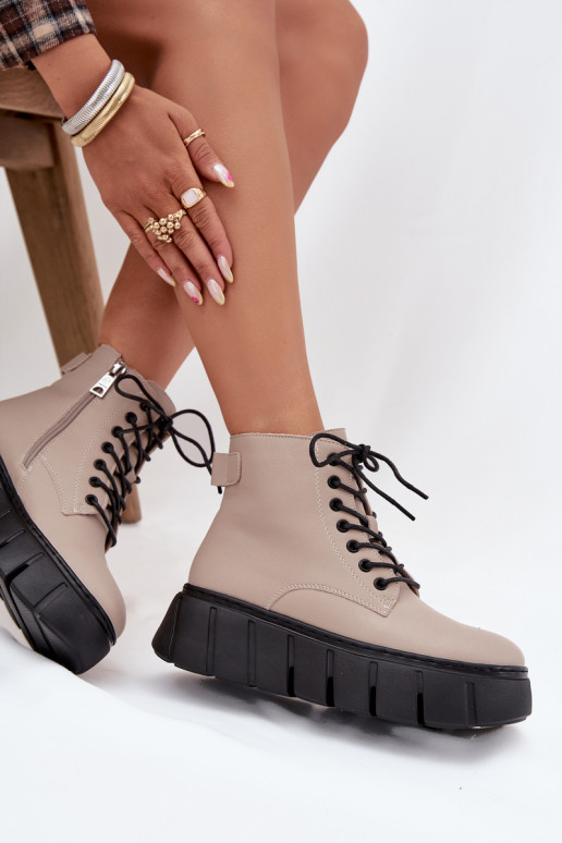 Leather Insulated Women's Ankle Boots on Platform Vinceza 66803 Beige