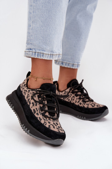 Suede Insulated Sneakers for Women on Platform Vinceza 66836 Leopard Print Black 2