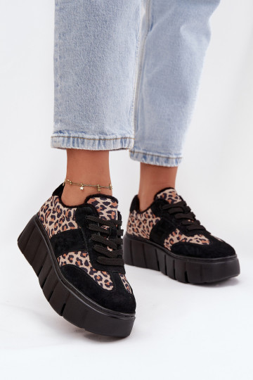 Zamszowe Ocieplane Sneakersy Damskie Na Masywnej Platformie Vinceza 66841 Panterka Czarne 2