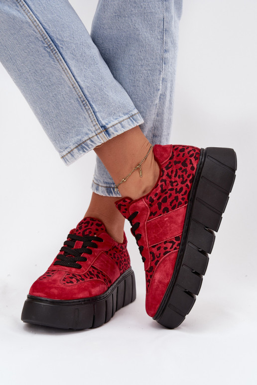 Suede Insulated Women's Sneakers On a Thick Platform Vinceza 66841 Leopard Red