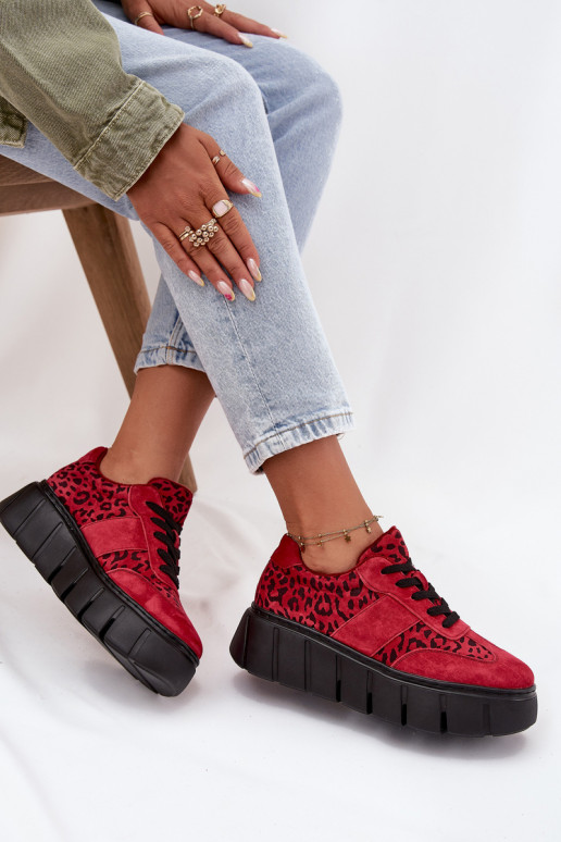 Zamszowe Ocieplane Sneakersy Damskie Na Masywnej Platformie Vinceza 66841 Panterka Czerwone