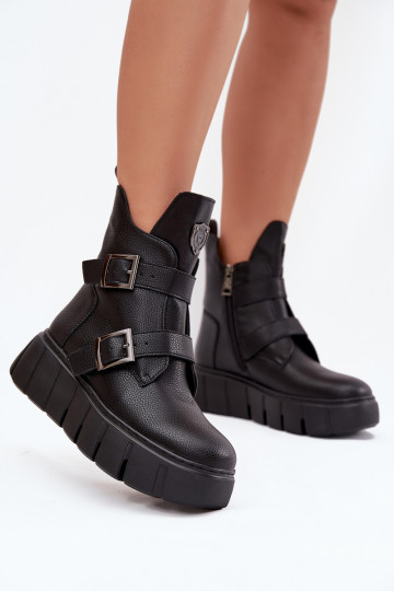 Leather Insulated Women's Ankle Boots On Platform With Buckles Vinceza 66842 Black 2