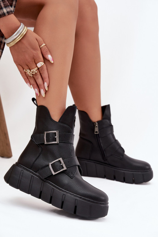 Leather Insulated Women's Ankle Boots On Platform With Buckles Vinceza 66842 Black