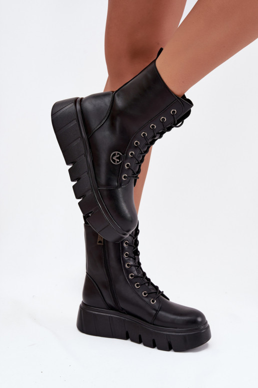 Suede Boots Workery on Massive Platform Wedge Heel Black Lavica