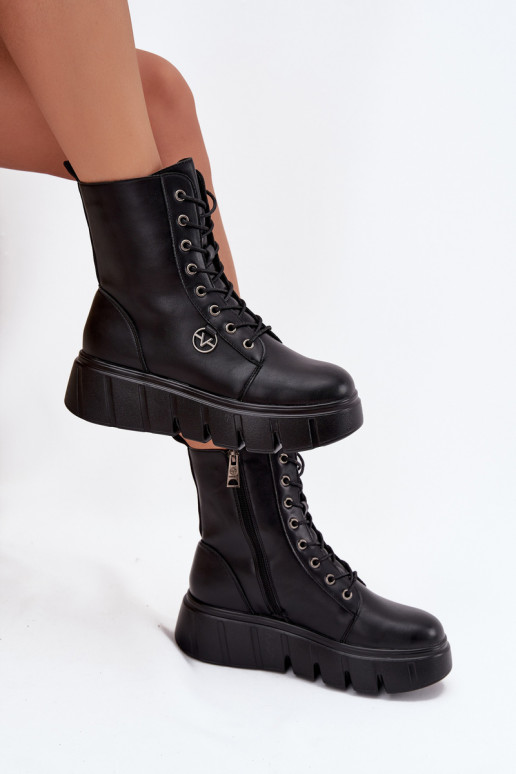 Suede Boots Workery on Massive Platform Wedge Heel Black Lavica