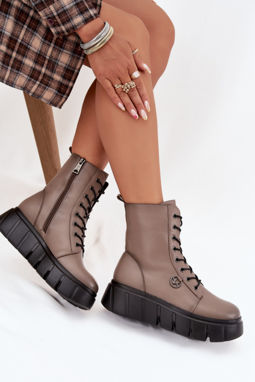 Women's Workery Boots on Platform with Lining Vinceza 58588 Dark Beige