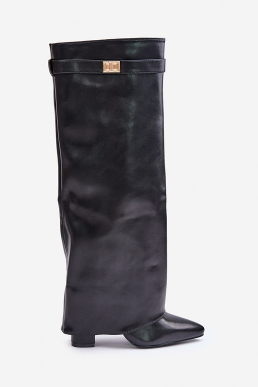 Women's Eco Leather Boots With Rolled Shaft On Heel Black Avamora