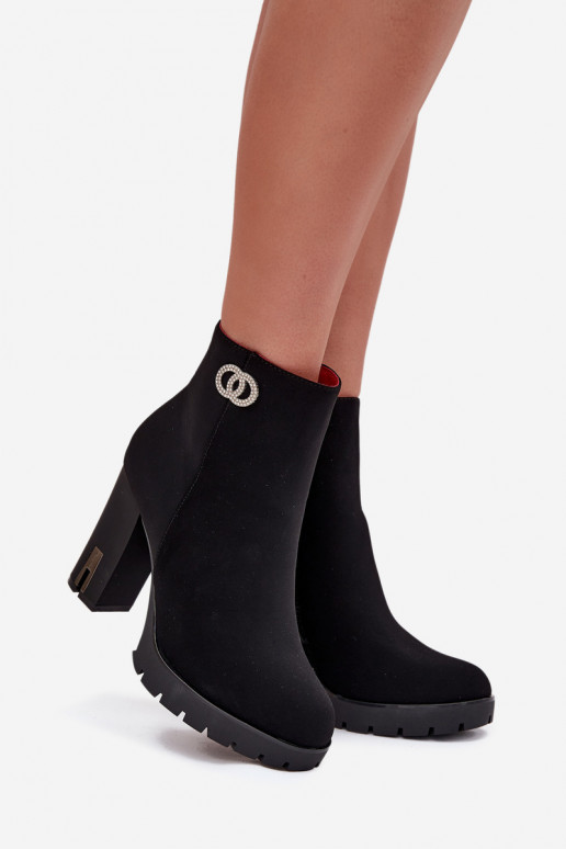 Ocieplane Botki Damskie Na SłupkuwithOzdobnym Detalem Czarne Vessara