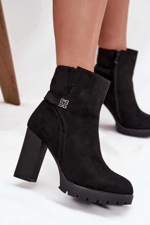 Ocieplane Botki Damskie Na SłupkuwithOzdobnym Paskiem Czarne Zayna