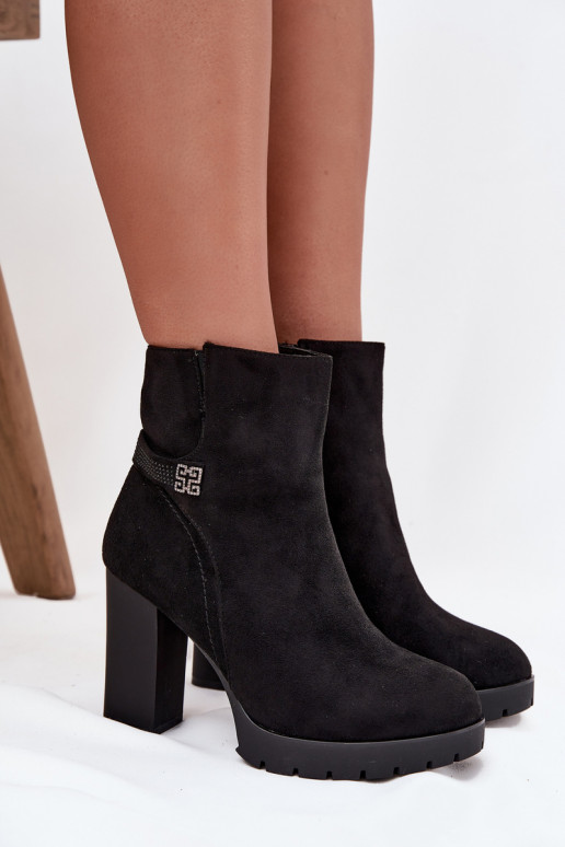 Ocieplane Botki Damskie Na SłupkuwithOzdobnym Paskiem Czarne Zayna