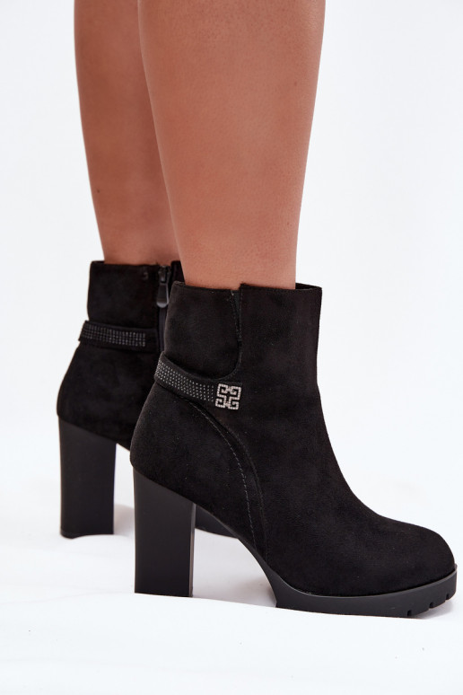 Ocieplane Botki Damskie Na SłupkuwithOzdobnym Paskiem Czarne Zayna