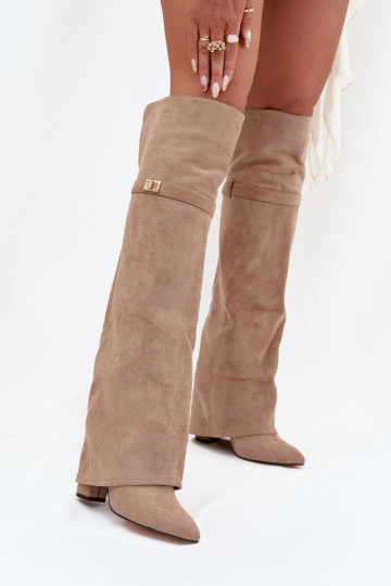 Insulated boots with rolled-up shaft over the knee heel block beige Serelle 2