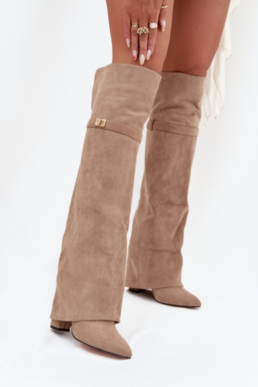 Insulated boots with rolled-up shaft over the knee heel block beige Serelle