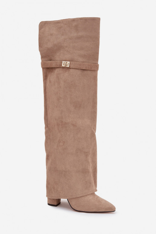 Insulated boots with rolled-up shaft over the knee heel block beige Serelle